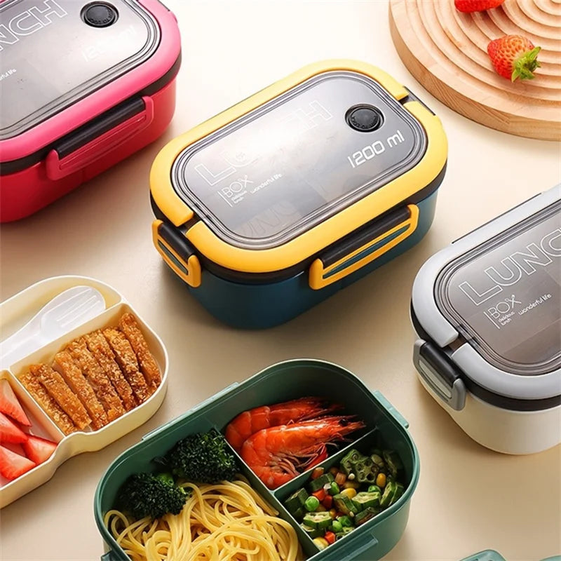 Bento Lunch Box a 2 strati da 1200 ml con cucchiaio e forchetta, contenitori per alimenti per microonde ad alta capacità per bambini, portatili, a prova di perdite, per ufficio e campeggio