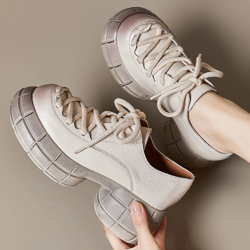 GKTINOO Genuino Del Cuoio 2025 Primavera Nuovo Punta Rotonda Suola Spessa Lace Up Mocassini Casual Versatile Scarpe Piattaforma Piatta da Donna