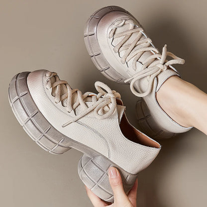 GKTINOO Genuino Del Cuoio 2025 Primavera Nuovo Punta Rotonda Suola Spessa Lace Up Mocassini Casual Versatile Scarpe Piattaforma Piatta da Donna