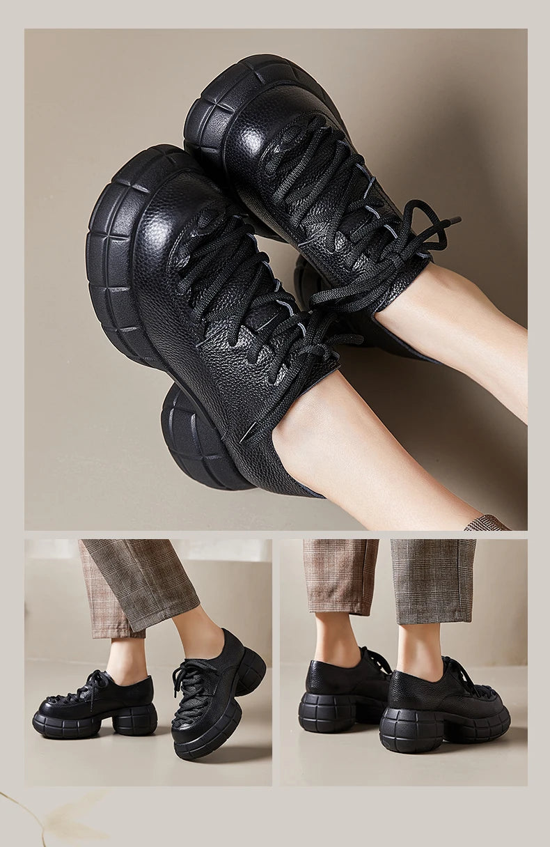 GKTINOO Genuino Del Cuoio 2025 Primavera Nuovo Punta Rotonda Suola Spessa Lace Up Mocassini Casual Versatile Scarpe Piattaforma Piatta da Donna