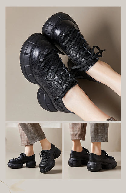 GKTINOO Genuino Del Cuoio 2025 Primavera Nuovo Punta Rotonda Suola Spessa Lace Up Mocassini Casual Versatile Scarpe Piattaforma Piatta da Donna