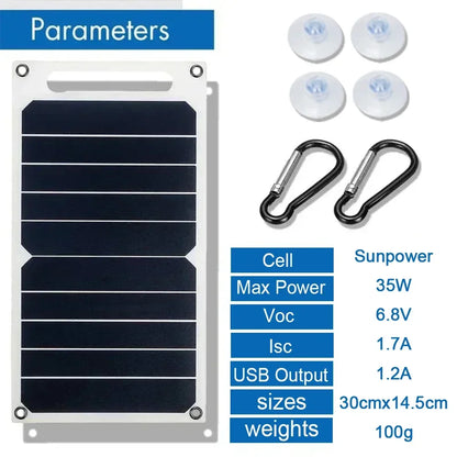 Pannello solare portatile Sunpower da 35 W, piastra solare da 5 V con caricabatterie USB sicuro e stabilizzato per power bank, telefono, campeggio, casa, camper, regalo