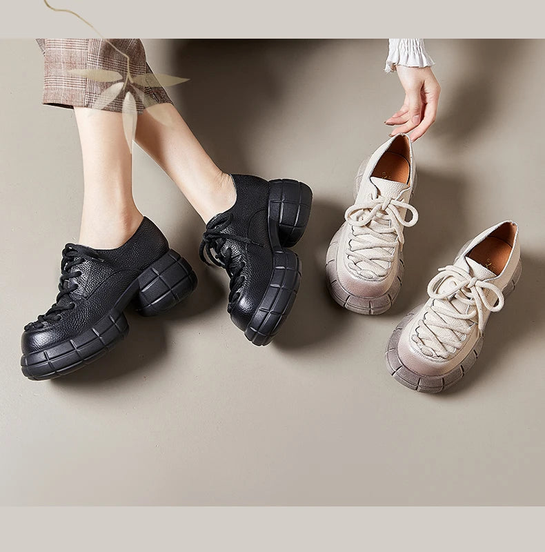 GKTINOO Genuino Del Cuoio 2025 Primavera Nuovo Punta Rotonda Suola Spessa Lace Up Mocassini Casual Versatile Scarpe Piattaforma Piatta da Donna