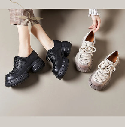 GKTINOO Genuino Del Cuoio 2025 Primavera Nuovo Punta Rotonda Suola Spessa Lace Up Mocassini Casual Versatile Scarpe Piattaforma Piatta da Donna