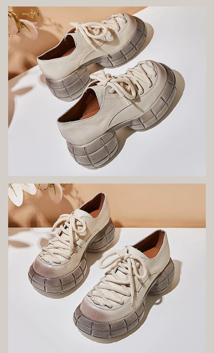 GKTINOO Genuino Del Cuoio 2025 Primavera Nuovo Punta Rotonda Suola Spessa Lace Up Mocassini Casual Versatile Scarpe Piattaforma Piatta da Donna