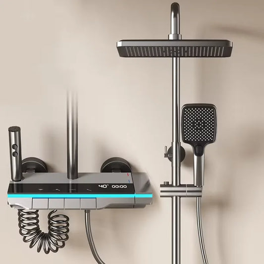 Set di rubinetti per doccia da bagno con luce a LED, display digitale, termostato per doccia, rubinetti in rame con scarico ad alta pressione, docce per bagni.
Bathroom Shower System High Quality Fourth Gear Bathroom Key Digi