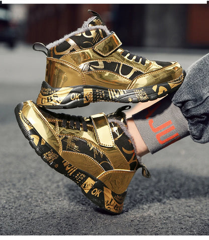 2025 Scarpe invernali per bambini Stivali da ragazza per ragazzo Stivali da neve per bambini in pelle PU resistenti all'acqua Scarpe da ginnastica calde di moda in peluche Scarpe da esterno casual