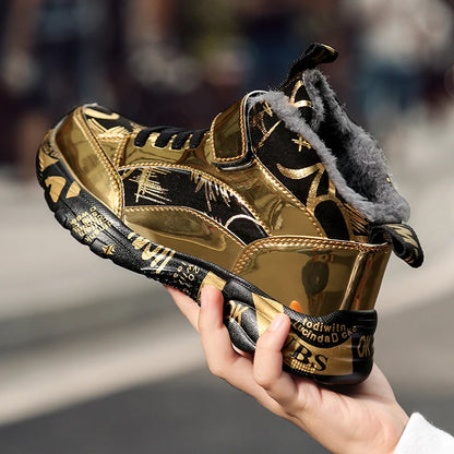 2025 Scarpe invernali per bambini Stivali da ragazza per ragazzo Stivali da neve per bambini in pelle PU resistenti all'acqua Scarpe da ginnastica calde di moda in peluche Scarpe da esterno casual