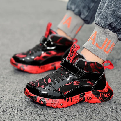 2025 Scarpe invernali per bambini Stivali da ragazza per ragazzo Stivali da neve per bambini in pelle PU resistenti all'acqua Scarpe da ginnastica calde di moda in peluche Scarpe da esterno casual