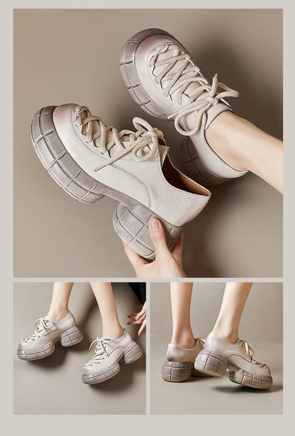 GKTINOO Genuino Del Cuoio 2025 Primavera Nuovo Punta Rotonda Suola Spessa Lace Up Mocassini Casual Versatile Scarpe Piattaforma Piatta da Donna