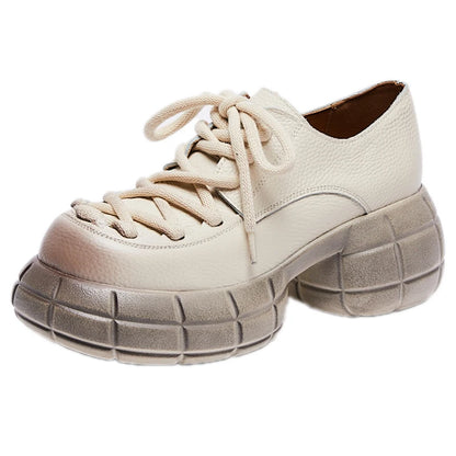 GKTINOO Genuino Del Cuoio 2025 Primavera Nuovo Punta Rotonda Suola Spessa Lace Up Mocassini Casual Versatile Scarpe Piattaforma Piatta da Donna