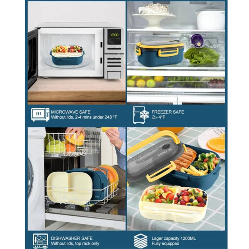 Bento Lunch Box a 2 strati da 1200 ml con cucchiaio e forchetta, contenitori per alimenti per microonde ad alta capacità per bambini, portatili, a prova di perdite, per ufficio e campeggio