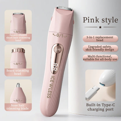Rasoio elettrico da donna 3 in 1, epilatore portatile indolore, rifinitore bikini, rasoio per il viso, per corpo, ascelle e gambe.