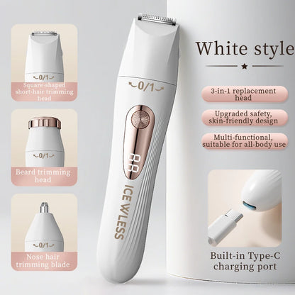 Rasoio elettrico da donna 3 in 1, epilatore portatile indolore, rifinitore bikini, rasoio per il viso, per corpo, ascelle e gambe.