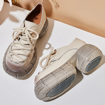 GKTINOO Genuino Del Cuoio 2025 Primavera Nuovo Punta Rotonda Suola Spessa Lace Up Mocassini Casual Versatile Scarpe Piattaforma Piatta da Donna