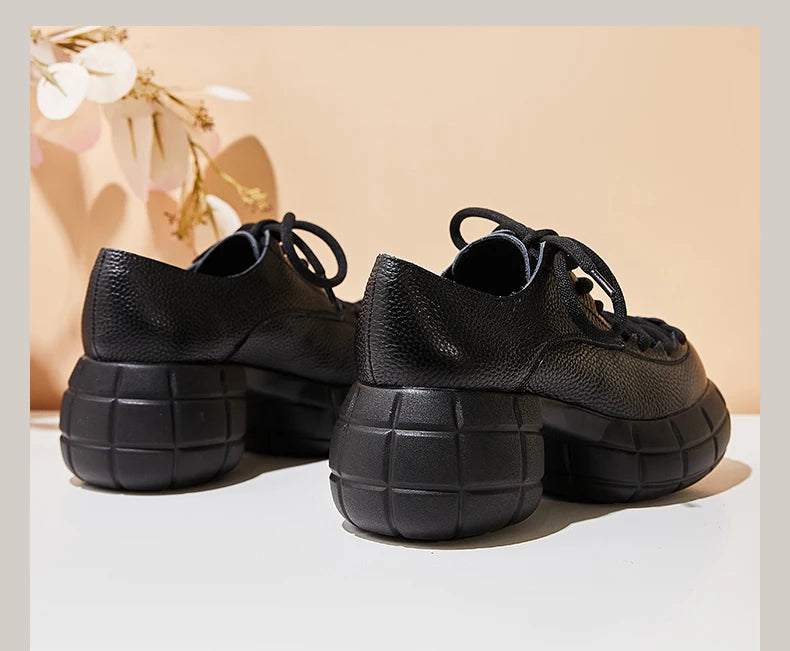 GKTINOO Genuino Del Cuoio 2025 Primavera Nuovo Punta Rotonda Suola Spessa Lace Up Mocassini Casual Versatile Scarpe Piattaforma Piatta da Donna
