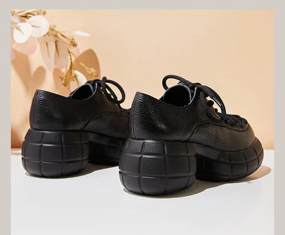 GKTINOO Genuino Del Cuoio 2025 Primavera Nuovo Punta Rotonda Suola Spessa Lace Up Mocassini Casual Versatile Scarpe Piattaforma Piatta da Donna