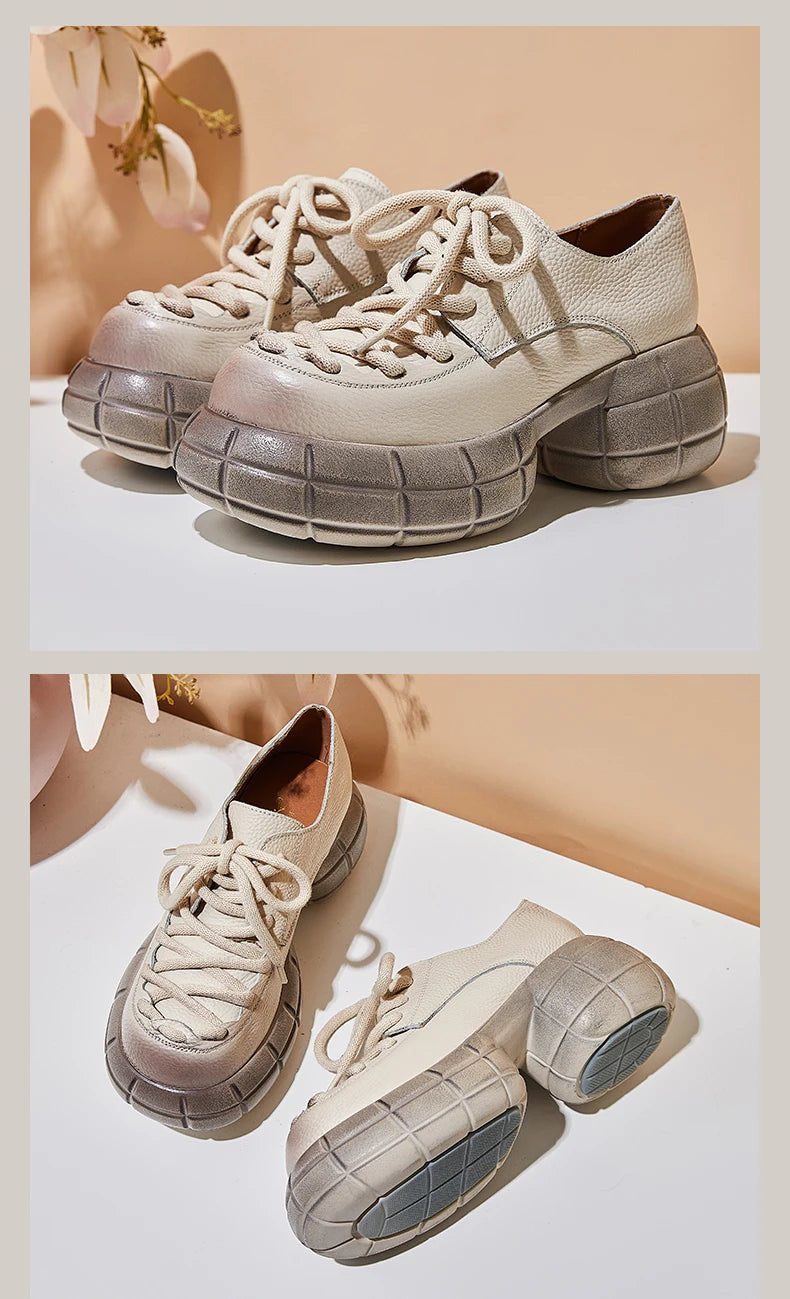 GKTINOO Genuino Del Cuoio 2025 Primavera Nuovo Punta Rotonda Suola Spessa Lace Up Mocassini Casual Versatile Scarpe Piattaforma Piatta da Donna