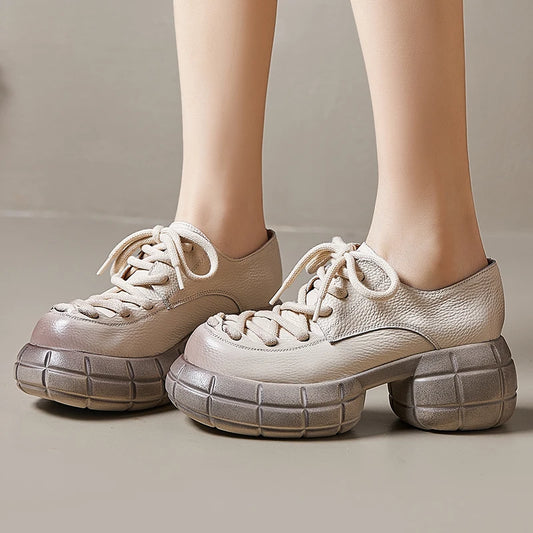 GKTINOO Genuino Del Cuoio 2025 Primavera Nuovo Punta Rotonda Suola Spessa Lace Up Mocassini Casual Versatile Scarpe Piattaforma Piatta da Donna