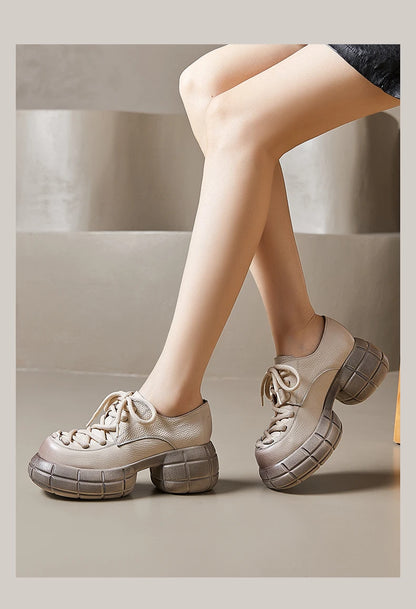 GKTINOO Genuino Del Cuoio 2025 Primavera Nuovo Punta Rotonda Suola Spessa Lace Up Mocassini Casual Versatile Scarpe Piattaforma Piatta da Donna