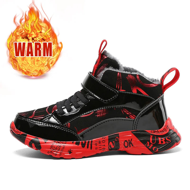 2025 Scarpe invernali per bambini Stivali da ragazza per ragazzo Stivali da neve per bambini in pelle PU resistenti all'acqua Scarpe da ginnastica calde di moda in peluche Scarpe da esterno casual