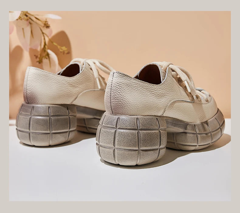 GKTINOO Genuino Del Cuoio 2025 Primavera Nuovo Punta Rotonda Suola Spessa Lace Up Mocassini Casual Versatile Scarpe Piattaforma Piatta da Donna