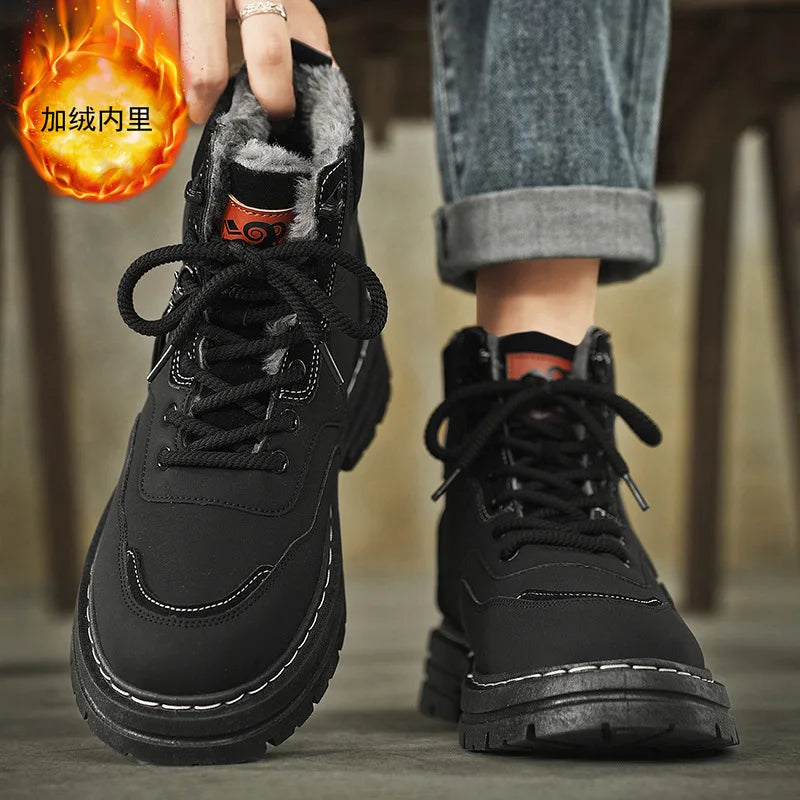 Stivali da uomo invernali Scarpe da esterno in cotone caldo peluche Nero Taglia 48 Scarpe da uomo resistenti al freddo con lacci impermeabili antiscivolo