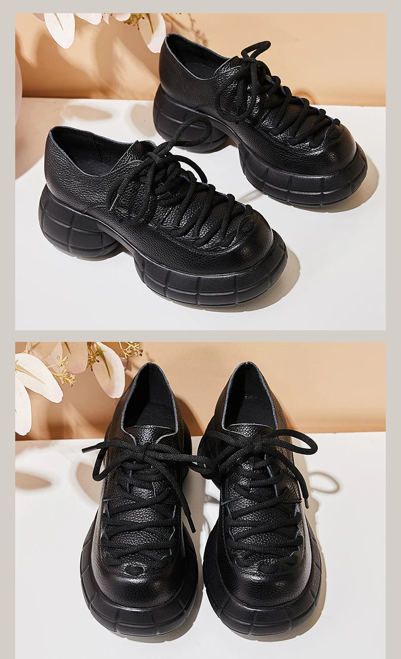 GKTINOO Genuino Del Cuoio 2025 Primavera Nuovo Punta Rotonda Suola Spessa Lace Up Mocassini Casual Versatile Scarpe Piattaforma Piatta da Donna