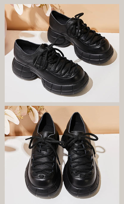 GKTINOO Genuino Del Cuoio 2025 Primavera Nuovo Punta Rotonda Suola Spessa Lace Up Mocassini Casual Versatile Scarpe Piattaforma Piatta da Donna