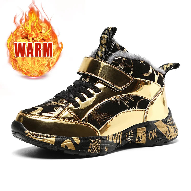 2025 Scarpe invernali per bambini Stivali da ragazza per ragazzo Stivali da neve per bambini in pelle PU resistenti all'acqua Scarpe da ginnastica calde di moda in peluche Scarpe da esterno casual