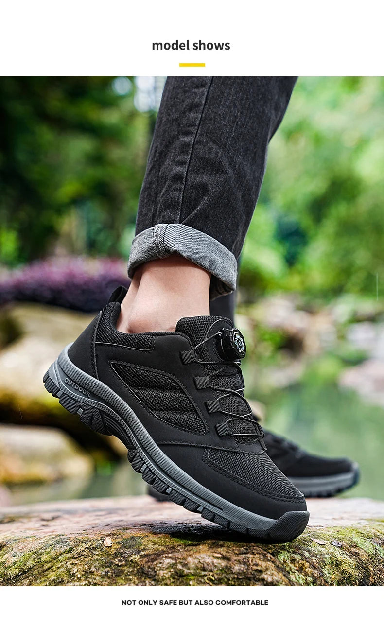 Scarpe da ginnastica da uomo Stivali da trekking eleganti con fibbia rotante Tinta unita Scarpe sportive comode antiscivolo Scarpe da uomo taglie forti in pelle