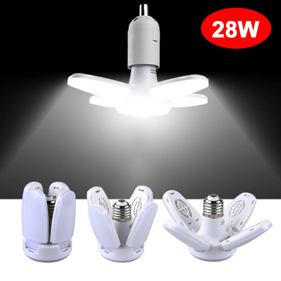Lampadina LED pieghevole da 28 W E27, lampada a LED con ventola, CA 220 V 110 V, faretto per illuminazione di casa, soffitto, stanza, garage