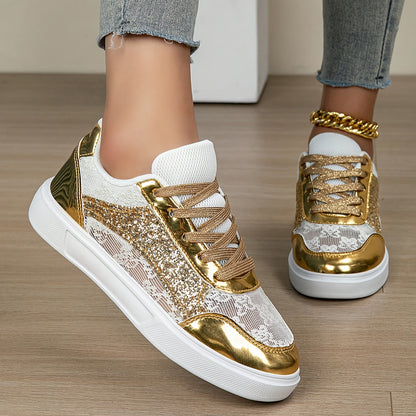 Women's Glitter Golden Lace-Up Low-Top Sneakers with Breathable Cut-Out Design & Thick Cushioned MD Sole - Synthetic Cover & Fabric Casual Shoes for All-Season Comfort, Sporty Streetwear, Airflow Enhancing Cutouts