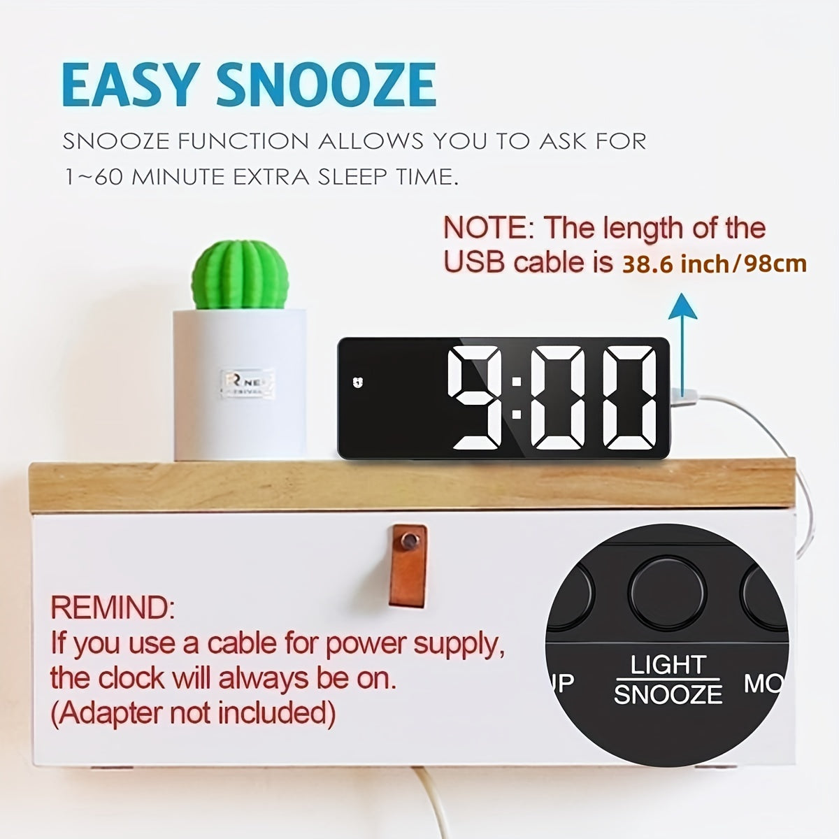 1 sveglia digitale a LED, display HD a specchio con funzione snooze, luminosità regolabile su 3 livelli, con temperatura, 12/24 ore, sveglia elettronica a batteria e USB per camera da letto, arredamento per la casa
