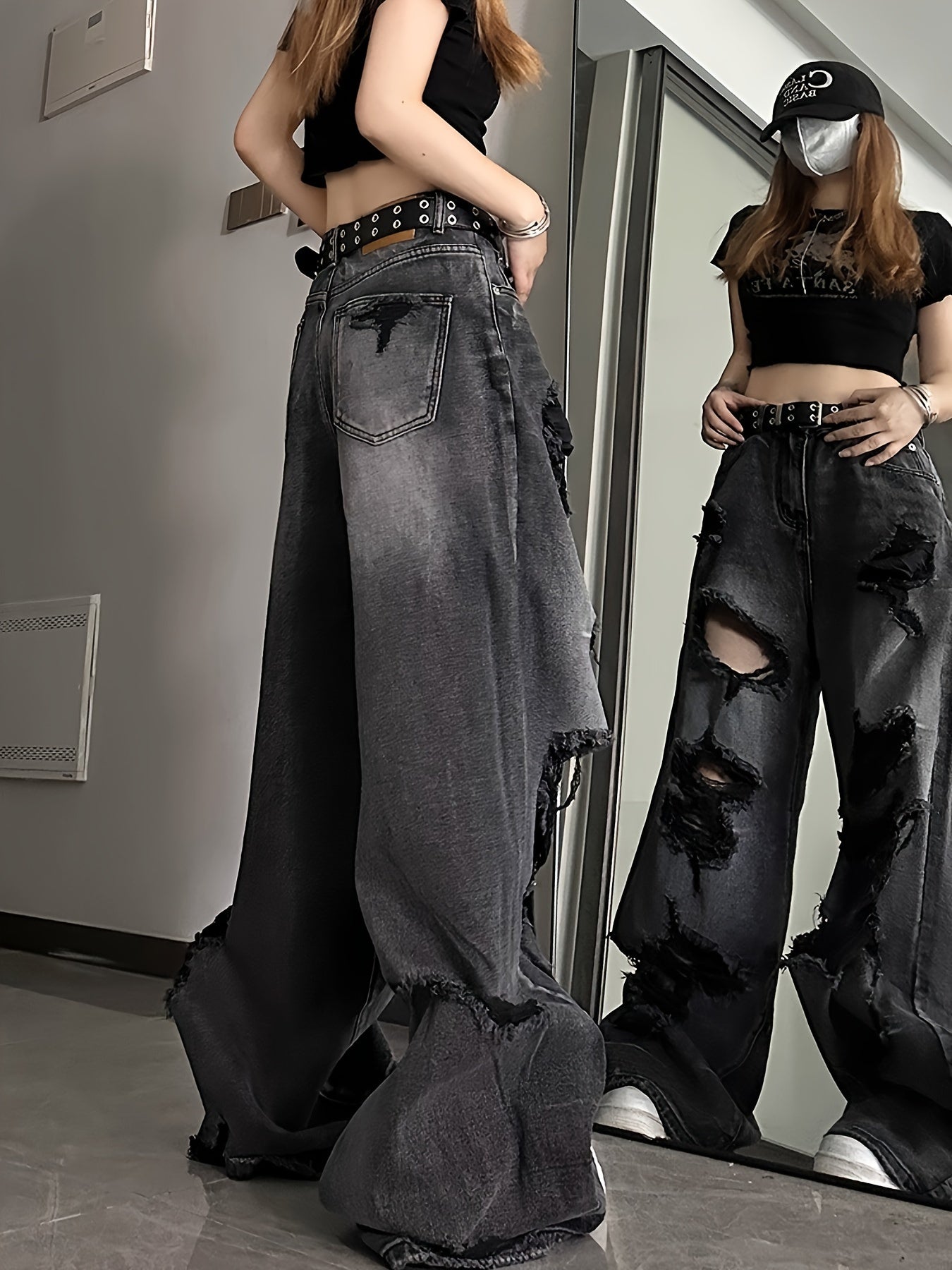 Women Ripped Jeans High Waist Fashion American Vintage Streetwear Harajuku Y2K Hip Hop Wide Leg Jean Female Denim Trouser Baggy Denim Pants