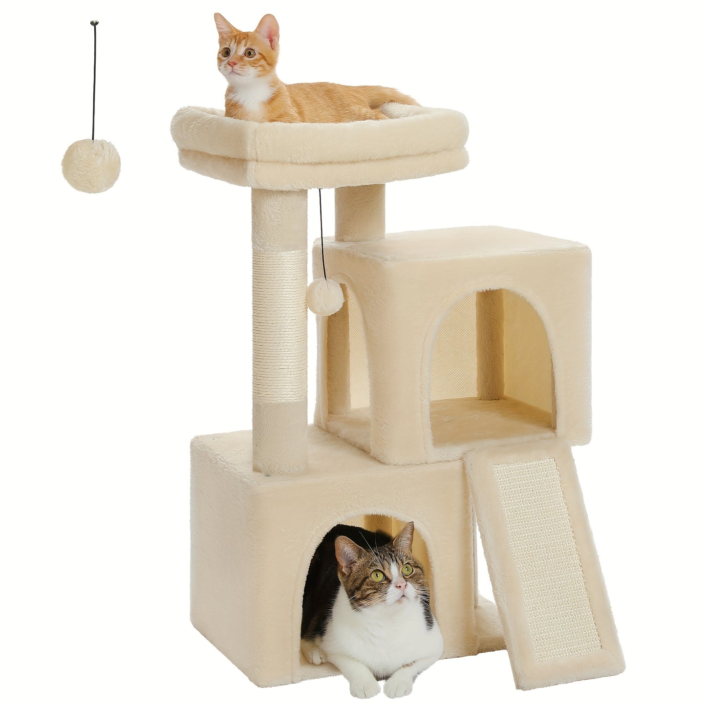 Pawz Road Cat Scratching Post with Dual Condos for Indoor Cats, All-in-One Cat House with Padded Perch, Scratching Ramp And Posts, with Interchangeable Balls