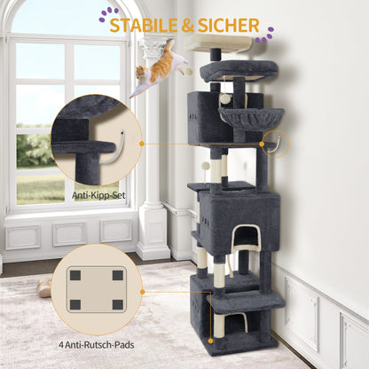 Large Scratching Post, 193cm Cat Tree, Multi-storey Cat Scratching Post for Large Cats, with 3 Caves, 6 Scratching Posts, 1 Lounger, 3 Plush Balls, Dark Grey/light Grey