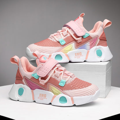 Sneakers traspiranti in maglia per bambine - Sneakers basse a righe alla moda con chiusura a strappo, leggere e comode per tutte le stagioni, design rosa e nero con tomaia in mesh e suola in EVA, adatte ai piedi dei più piccoli.