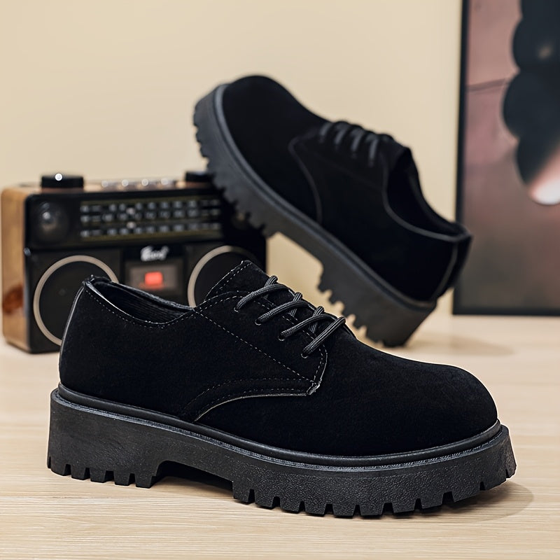 Men's Casual Retro Workwear Derby Shoes - Thick Sole Height Increase, Breathable Upper, Lace-Up Round Toe Design for Spring/Fall, Tan Rubber Outsole & EVA Cushioning, Fall Comfort Footwear, Minimalist Style, Durable Footwear,