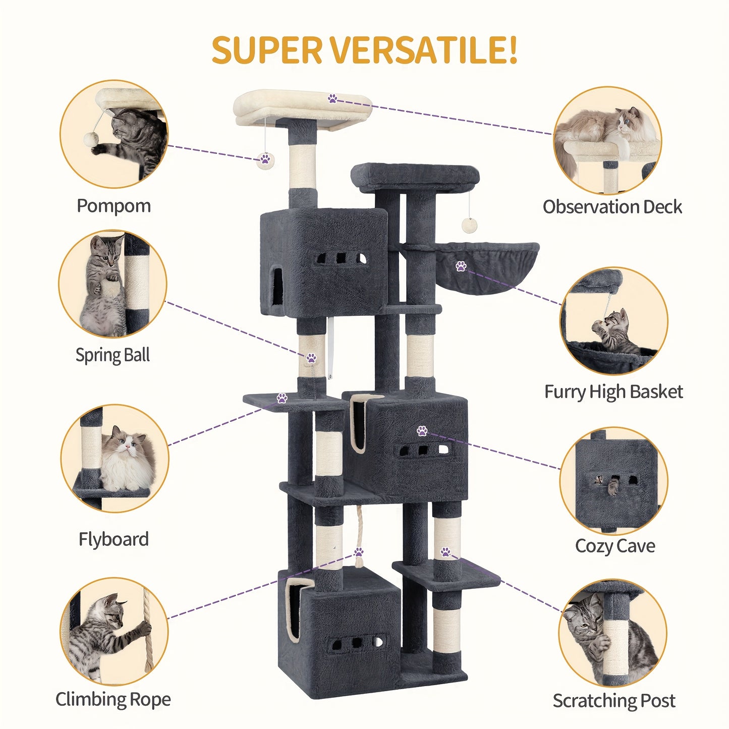 Large Scratching Post, 193cm Cat Tree, Multi-storey Cat Scratching Post for Large Cats, with 3 Caves, 6 Scratching Posts, 1 Lounger, 3 Plush Balls, Dark Grey/light Grey