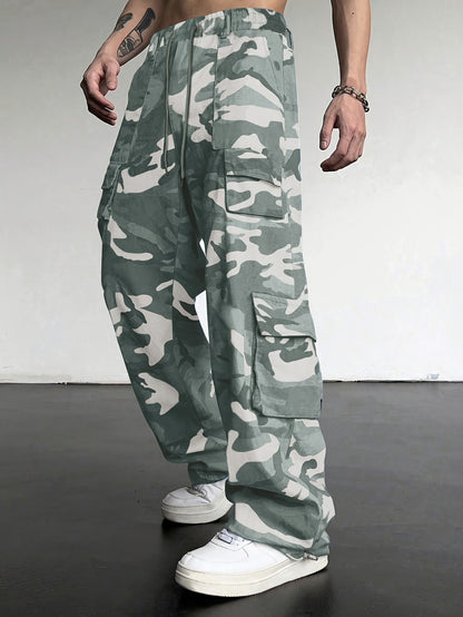 Pantaloni cargo mimetici da uomo con tasche con patta - Vestibilità ampia ed elegante per escursionismo, campeggio e streetwear, poliestere resistente