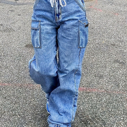 Jeans cargo a vita media da donna, pantaloni in denim elasticizzati con vita elasticizzata e gamba larga, con tasche, pantaloni larghi da streetwear Y2K