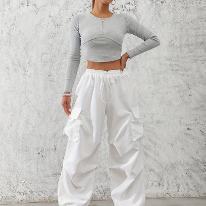 Women'S Fashionable Solid Color Polyester Cargo Pants, 100% Polyester, All-Season, Drawstring Waist, Woven, 120g/m², Adult Casual Elegant Trousers