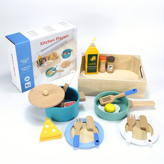 Set da cucina in legno per bambini - Giocattolo da cucina realistico con piatti e utensili, include cibo finto, regalo ideale per bambini e bambine dai 3 ai 6 anni, divertente kit per giocare di finzione