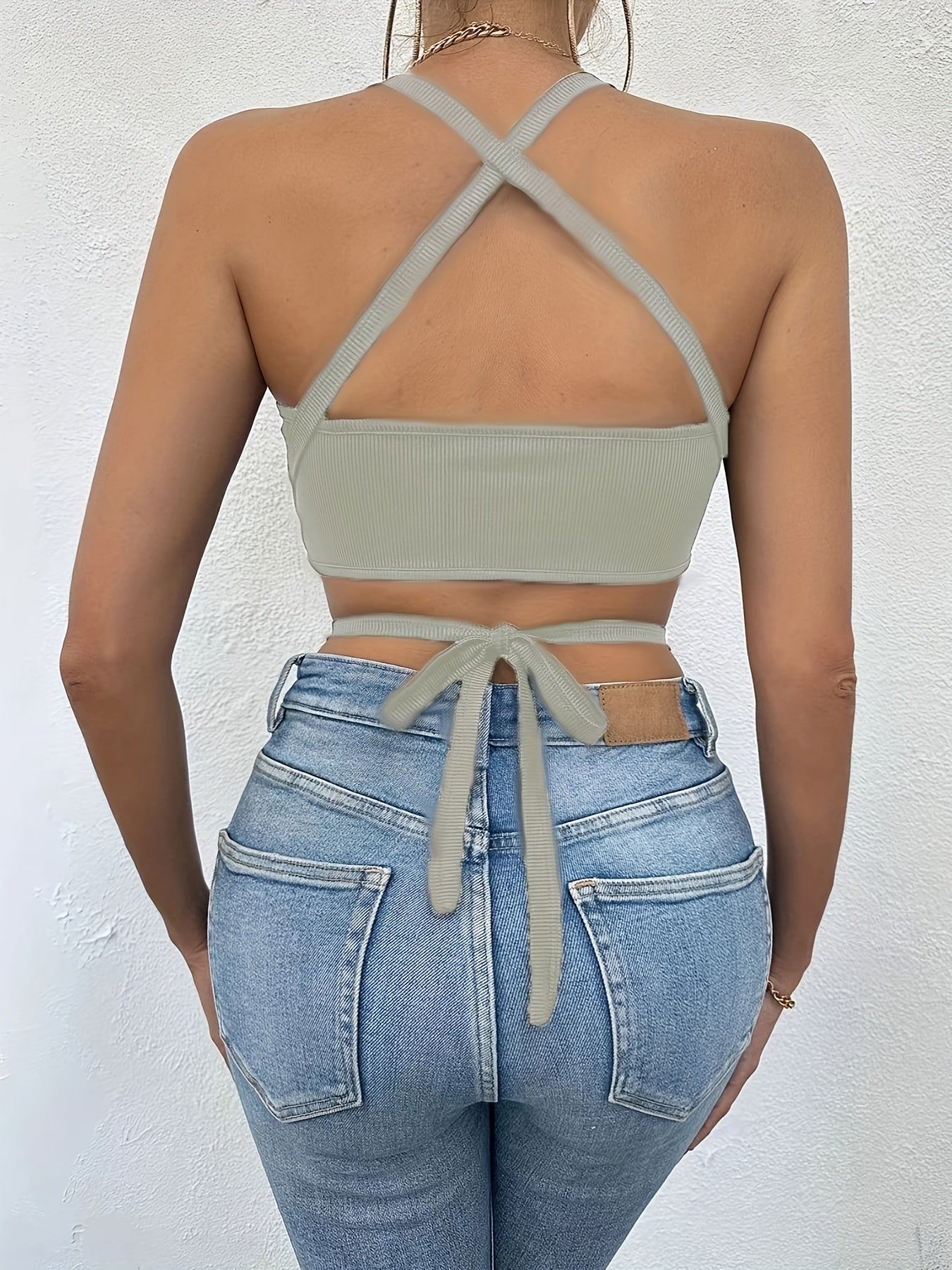 Lace Up Crop Spaghetti Strap Top, Sexy Backless Cami Top For Summer, Women's Clothing