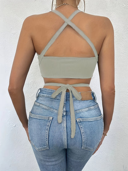 Lace Up Crop Spaghetti Strap Top, Sexy Backless Cami Top For Summer, Women's Clothing