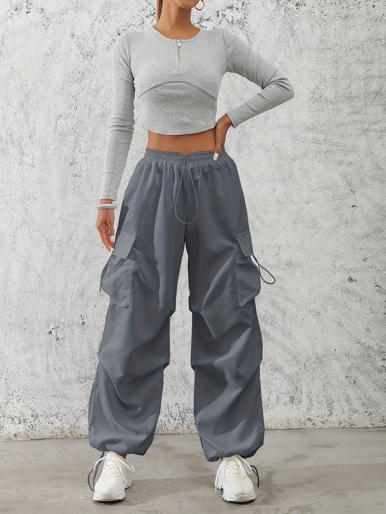 Women'S Fashionable Solid Color Polyester Cargo Pants, 100% Polyester, All-Season, Drawstring Waist, Woven, 120g/m², Adult Casual Elegant Trousers