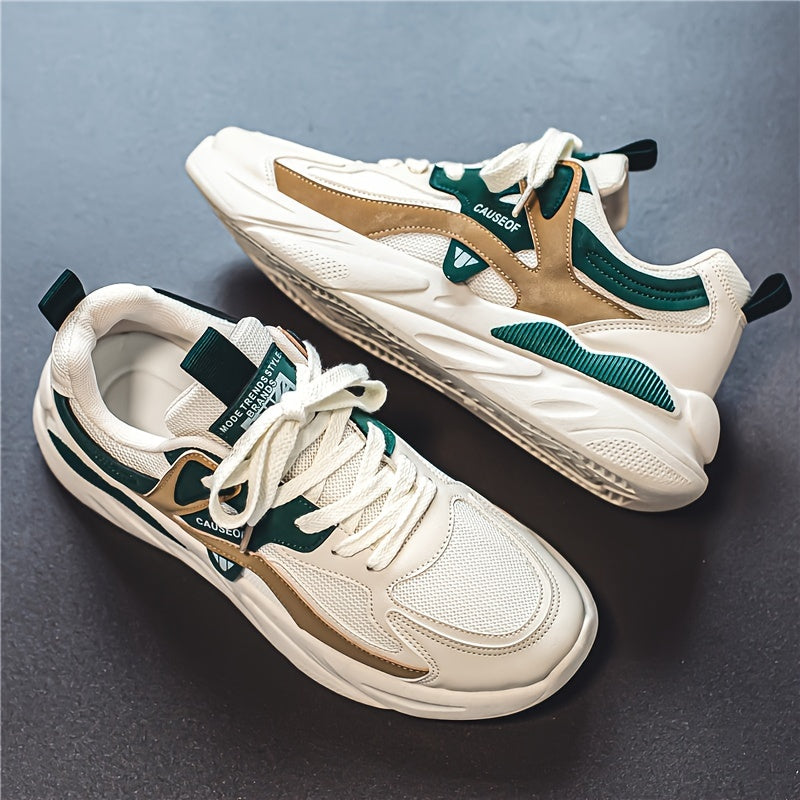 Men's Vintage Colour Block Chunky Shoes, Comfy Non Slip Durable Lace Up Soft Sole Sneakers For Men's Outdoor Activities