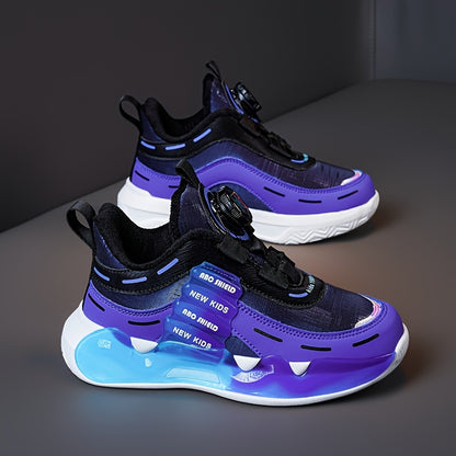 Boy's Trendy High Top Basketball Shoes With Rotating Buckle, Comfy Non Slip Shock Absorption Sneakers For Kids Outdoor Activities