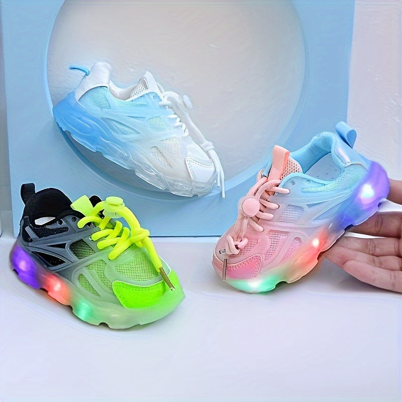 Sneakers in mesh traspirante per bambini con luci LED - Design geometrico alla moda, suola in PVC antiscivolo per ragazzi e ragazze